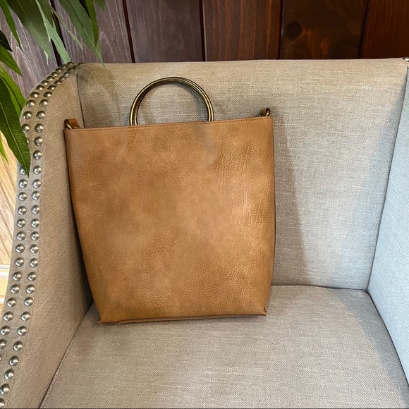 Universal Thread Tan Brown Faux Leather Metal Round Handle Hand Bag Crossbody - Picture 2 of 4